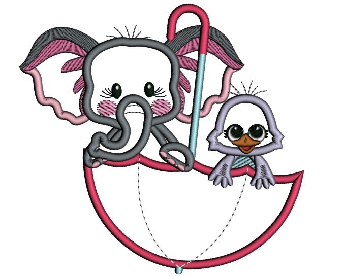 Cute Elephant And Bird Inside Umbrella Applique Machine Embroidery Design Digitized