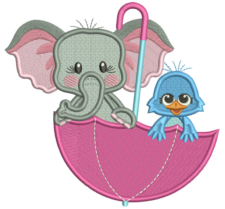 Cute Elephant And Bird Inside Umbrella Filled Machine Embroidery Design Digitized