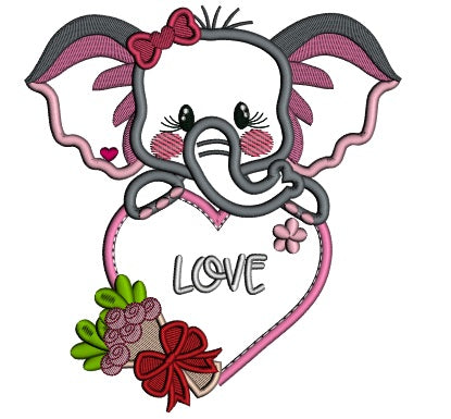 Cute Elephant Holding Big Heart With Flowers Applique Valentine's Day Machine Embroidery Design Digitized Pattern