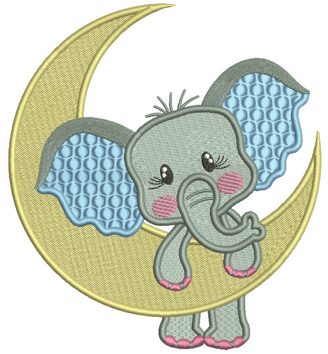 Cute Elephant Holding The Moon Filled Machine Embroidery Design Digitized Pattern