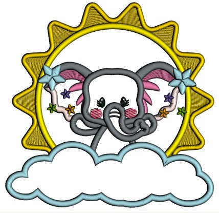 Cute Elephant On a CLoud And Big Sun Applique Machine Embroidery Design Digitized Pattern