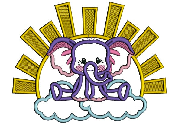 Cute Elephant Sitting On The Cloud Applique Machine Embroidery Design Digitized