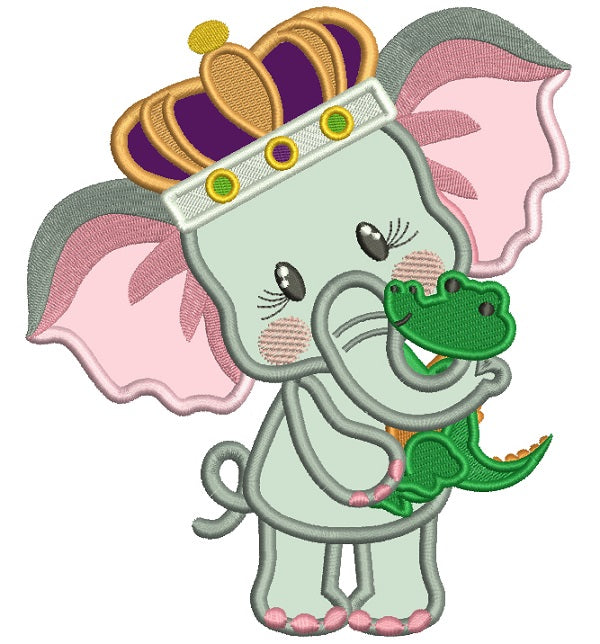 Cute Elephant Wearing Mardi Gras Crown Applique Machine Embroidery Design Digitized Pattern