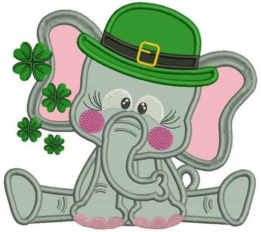 Cute Elephant Wearing St. Patrick's Day Hat Applique Machine Embroidery Design Digitized