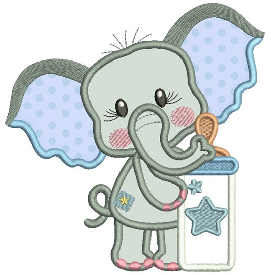 Cute Elephant With Baby Bottle Applique Machine Embroidery Design Digitized Pattern