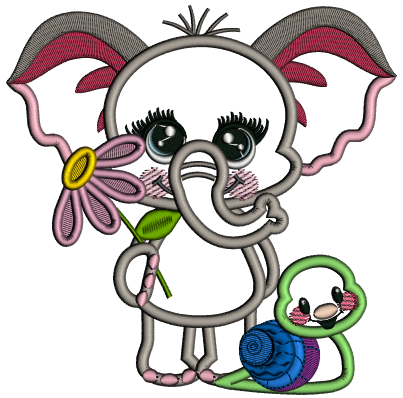 Cute Elephant With a Little Snail Applique Machine Embroidery Design Digitized Pattern