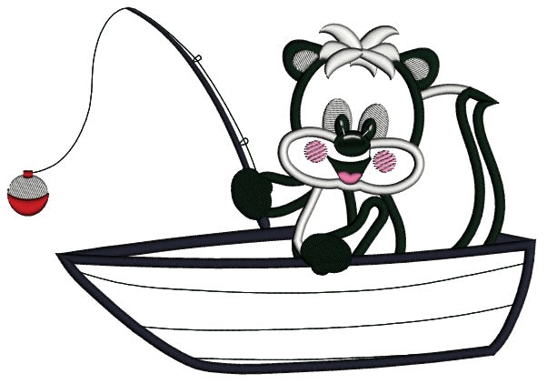 Cute Fishing Baby Skunk Applique Machine Embroidery Digitized Design Pattern