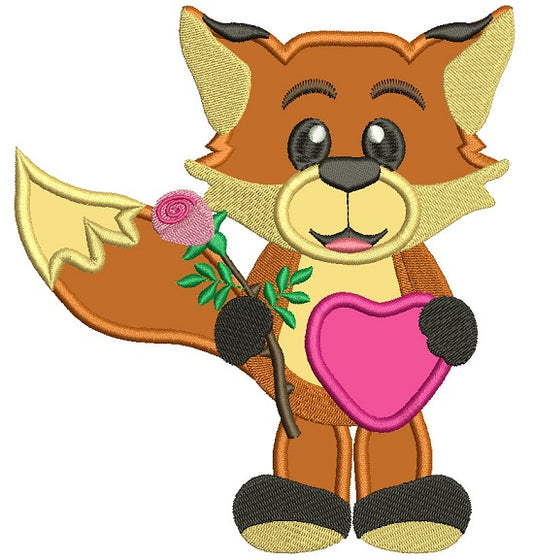 Cute Fox With a Flower And Big Heart Applique Machine Embroidery Design Digitized Pattern