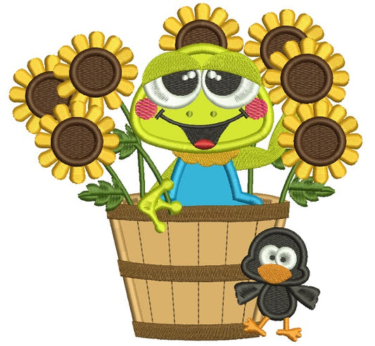 Cute Frog Sitting In The Pot With Sunflowers Fall Applique Machine Embroidery Design Digitized Pattern