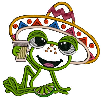 Cute Frog Wearing Sombrero Holding A Drink Applique Machine Embroidery Design Digitized Patterny