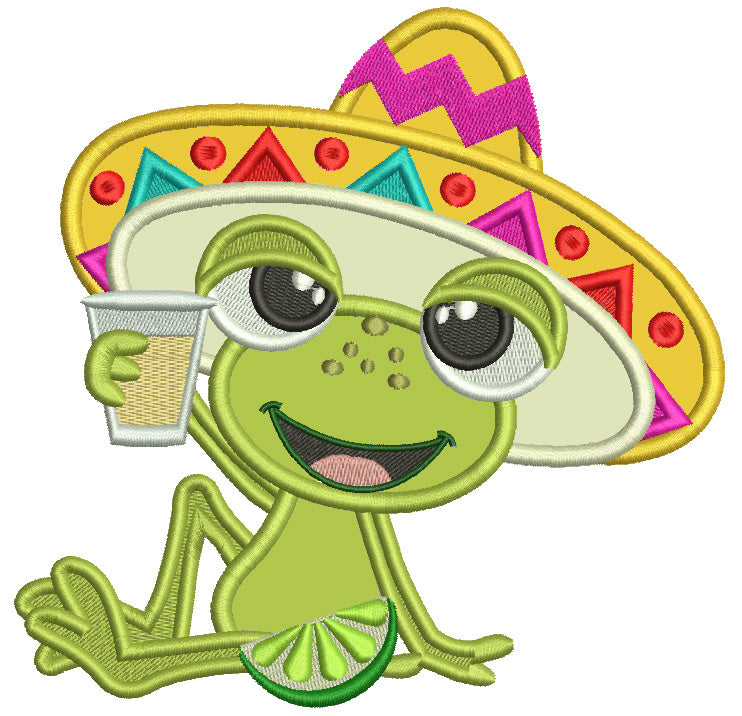 Cute Frog Wearing Sombrero Holding A Drink Applique Machine Embroidery Design Digitized Patterny