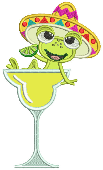 Cute Frog Wearing Sombrero Holding Lime Applique Machine Embroidery Design Digitized Patterny