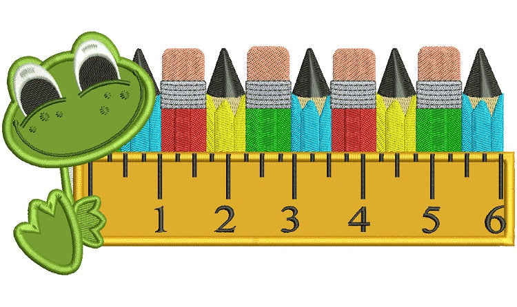 Cute Frog With a Big Ruler and Pencils School Applique Machine Embroidery Digitized Design Pattern