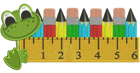 Cute Frog With a Big Ruler and Pencils School Filled Machine Embroidery Digitized Design Pattern