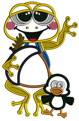 Cute Frog With a Little Crow Holding Acorn Applique Machine Embroidery Design Digitized Pattern