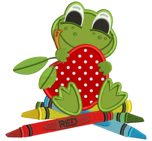Cute Froggy With an Apple Applique Machine Embroidery Digitized Design Pattern