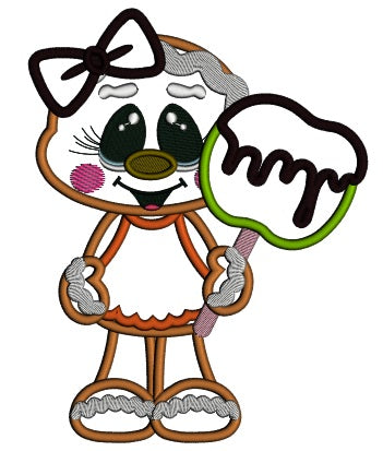 Cute Gingerbread Girl Holding Apple Covered With Chocolate Applique Thanksgiving Machine Embroidery Design Digitized Pattern