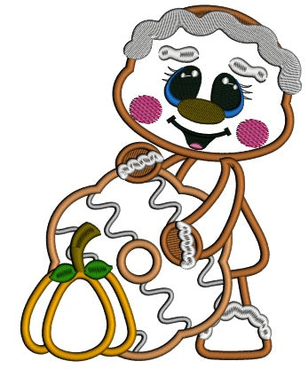 Cute Gingerbread Girl Holding a Donut Thanksgiving Applique Machine Embroidery Design Digitized Pattern