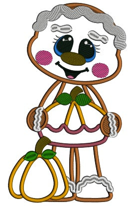 Cute Gingerbread Girl Holding a Pumpkin Thanksgiving Applique Machine Embroidery Design Digitized Pattern