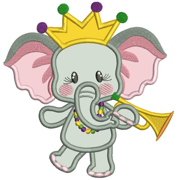 Cute Girl Baby Elephant Wearing Mardi Gras Beads Holding a Trumpet Applique Machine Embroidery Design Digitized Pattern