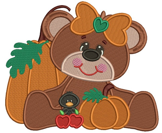 Cute Girl Bear WIth Pumpkin And a Little Crow Filled Machine Embroidery Design Digitized Pattern