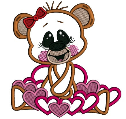 Cute Girl Bear With Hearts Applique Machine Embroidery Design Digitized Pattern