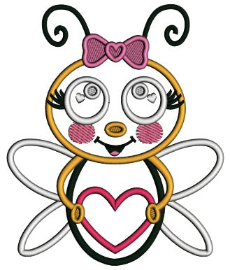 Cute Girl Bee Holding Heart Valentine's Day Applique Machine Embroidery Design Digitized Pattern