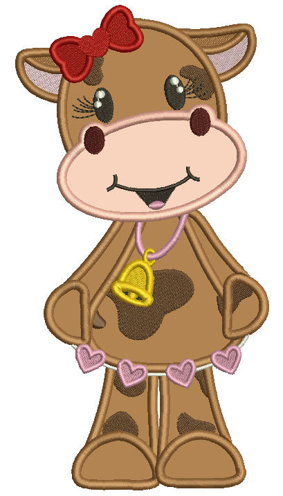 Cute Girl Cow With a Bell Valentine's Day Applique Machine Embroidery Design Digitized Pattern