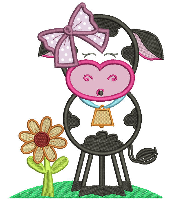 Cute Girl Cow With a Big Hair Bow Applique Machine Embroidery Design Digitized Pattern