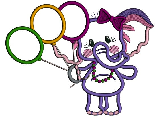 Cute Girl Elephant Holding Balloons Mardi Gras Applique Machine Embroidery Design Digitized Pattern