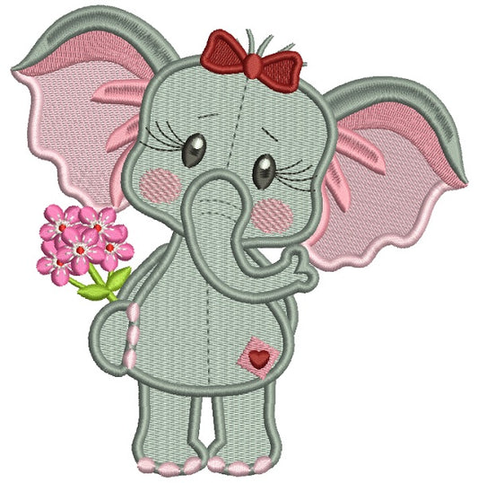 Cute Girl Elephant Holding Flowers Filled Machine Embroidery Design Digitized Pattern