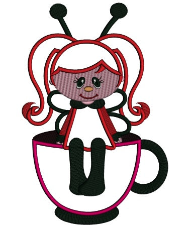 Cute Girl Ladybug sitting on a cup Applique Machine Embroidery Digitized Design Pattern