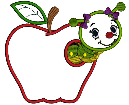 Cute Girl Little Caterpillar Inside Apple School Applique Machine Embroidery Design Digitized Pattern