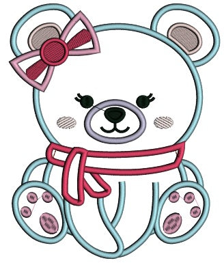 Cute Girl Polar Bear Wearing a Hair Bow Applique Machine Embroidery Digitized Design Pattern