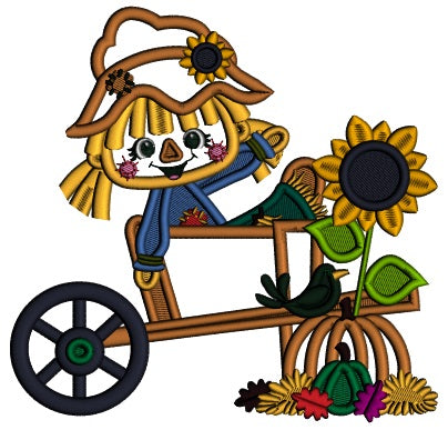 Cute Girl Scarecrow Sitting On The Wagon With Pumpkins And Sunflower Fall Applique Machine Embroidery Design Digitized Pattern