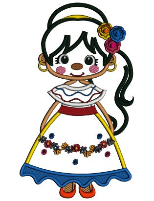 Cute Girl Wearing Fiesta Dress Applique Cinco de Mayo Machine Embroidery Design Digitized Pattern