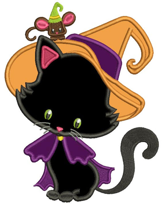 Cute Halloween Black Cat Wizard With a Big Hat and a Mouse Applique Machine Embroidery Design Digitized Pattern