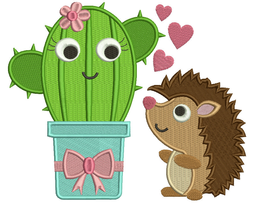 Cute Hedgehog Looking at a Cactus Filled Machine Embroidery Design Digitized Pattern