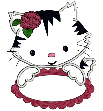 Cute Kitten with a Flower Applique Machine Embroidery Digitized Design Pattern
