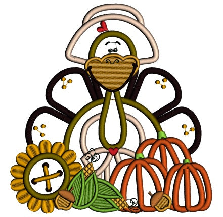 Cute Lady Turkey Wearing a Big Hat Thanksgiving Applique Machine Embroidery Design Digitized Pattern