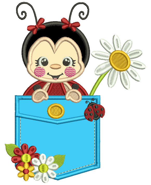 Cute Ladybug Inside The Pocket With a Daisy Flower Applique Machine Embroidery Design Digitized Pattern