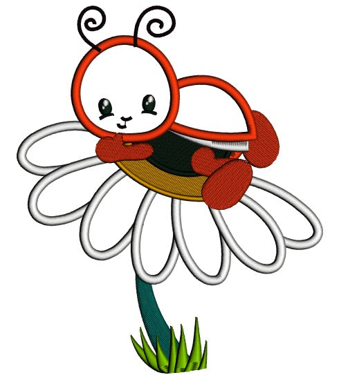 Cute Ladybug on a Daisy Applique Machine Embroidery Digitized Design Pattern