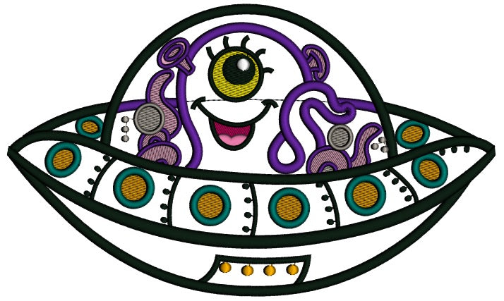 Cute Little Alien In The Space Ship Applique Machine Embroidery Design Digitized Pattern