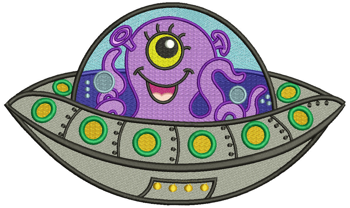 Cute Little Alien In The Space Ship Filled Machine Embroidery Design Digitized Pattern