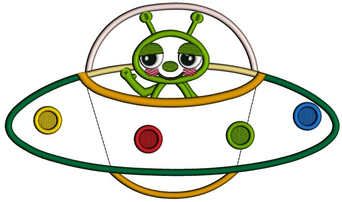 Cute Little Alien Inside Spaceship Applique Machine Embroidery Design Digitized Pattern