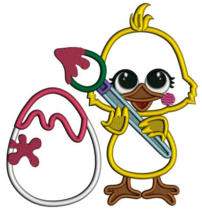 Cute Little Artist Chick Holding Huge Brush Easter Applique Machine Embroidery Design Digitized Pattern