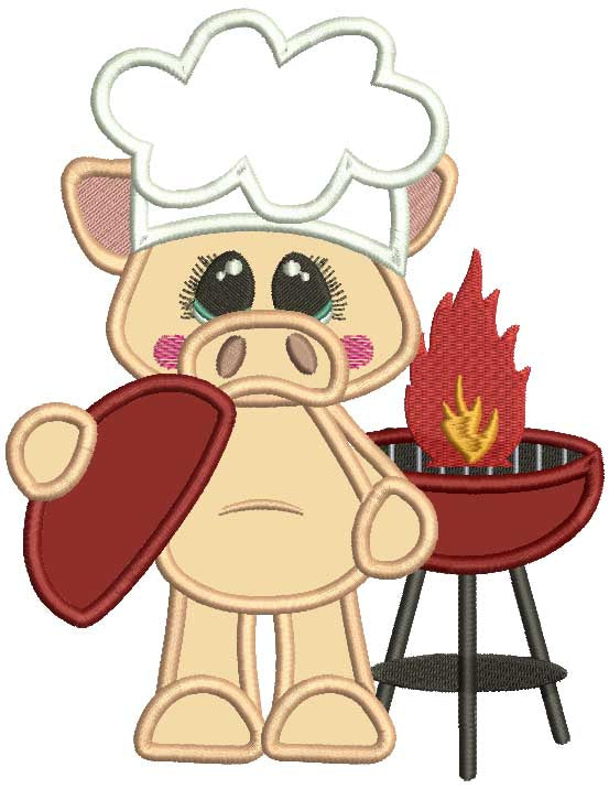 Cute Little BBQ Piggy Applique Machine Embroidery Design Digitized Pattern