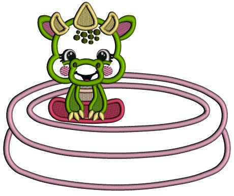 Cute Little Baby Dino Swimming in The Pool Applique Machine Embroidery Design Digitized Pattern