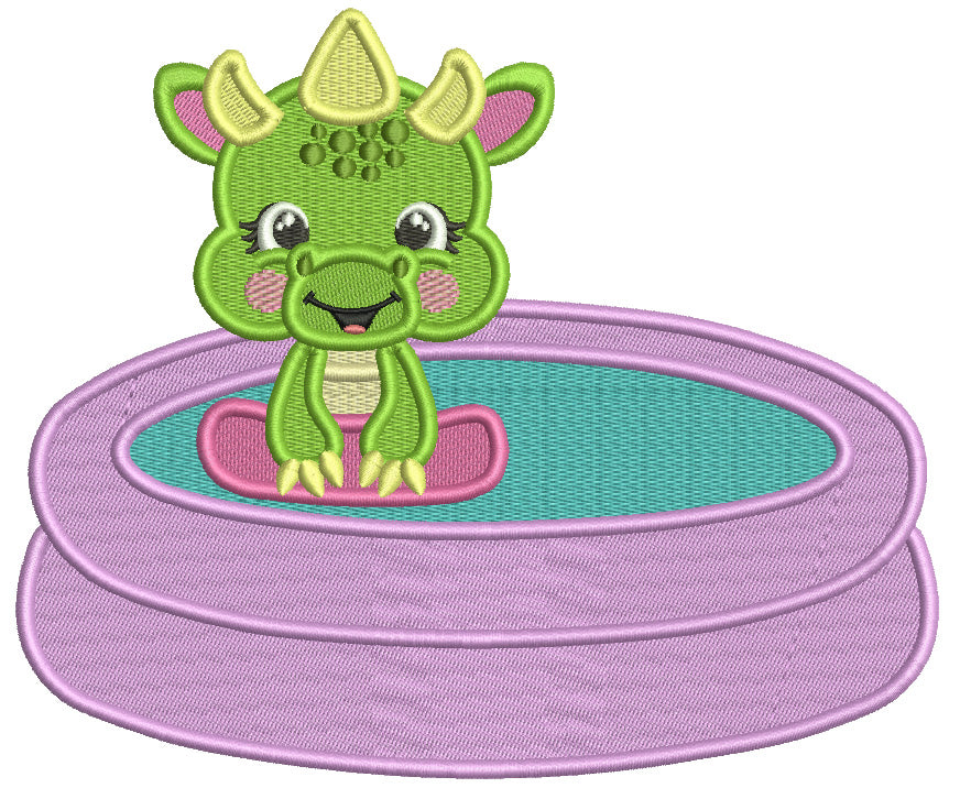 Cute Little Baby Dino Swimming in The Pool Filled Machine Embroidery Design Digitized Pattern