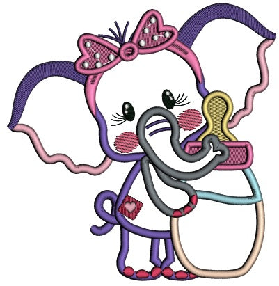 Cute Little Baby Elephant Holding Milk Bottle Applique Machine Embroidery Design Digitized Pattern